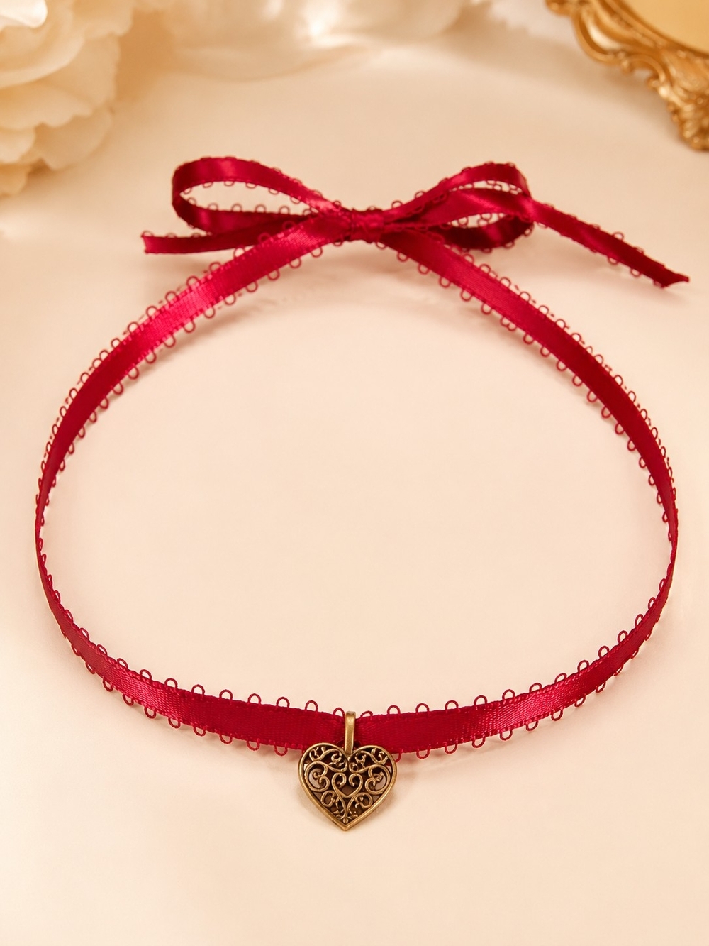 Hand Crafted Burgundy Ribbon Choker with Gold Filigree Heart